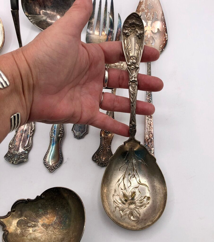 12pc Ornate Antique Silver Plate Serving Flatware /b