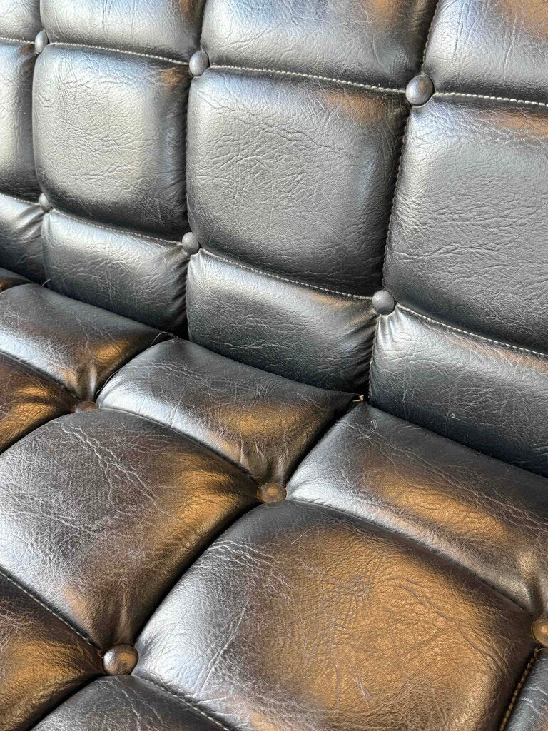 Black Leather Tufted Pull-Out Couch (HAS DAMAGE)