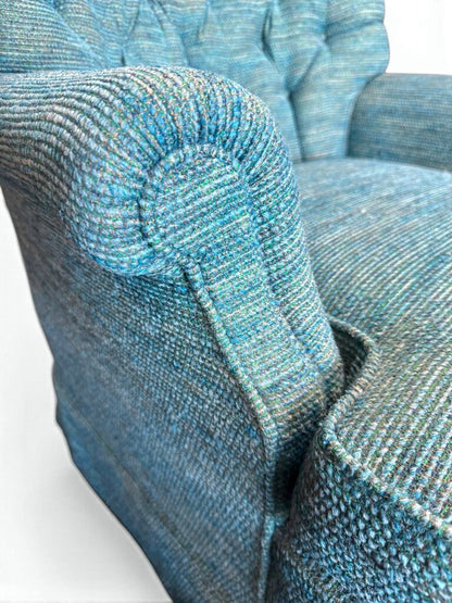 Blue Tweed Tufted Upholstered Swivel Armchair