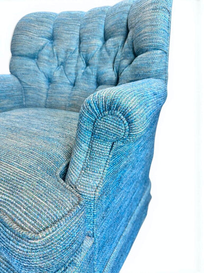 Blue Tweed Tufted Upholstered Swivel Armchair