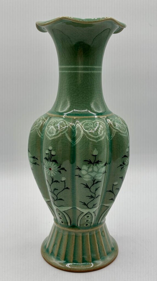 Korean Celadon Melon Shaped Vase 10” Signed /j