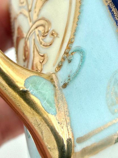 VTG Nippon Blue And Gold Floral Tea Pot With 4 Tea Cups