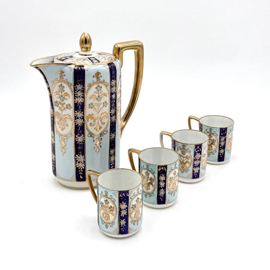 VTG Nippon Blue And Gold Floral Tea Pot With 4 Tea Cups