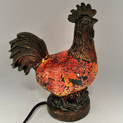 Vintage 8” Bronze Tone Rooster Accent Lamp/Nightlight Amber Mosaic Glass Works /cb
