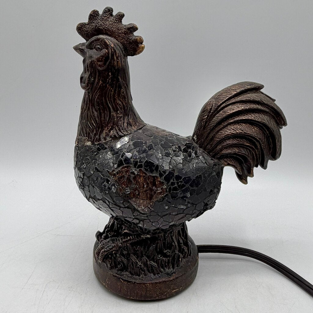 Vintage 8” Bronze Tone Rooster Accent Lamp/Nightlight Amber Mosaic Glass Works /cb