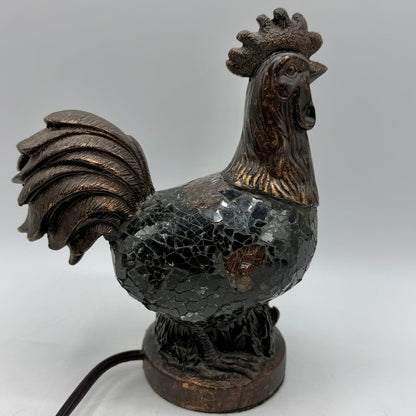 Vintage 8” Bronze Tone Rooster Accent Lamp/Nightlight Amber Mosaic Glass Works /cb