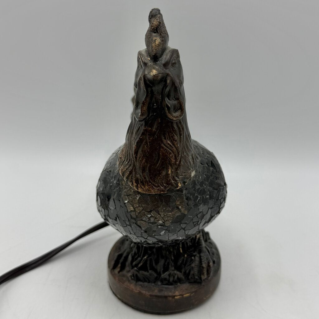 Vintage 8” Bronze Tone Rooster Accent Lamp/Nightlight Amber Mosaic Glass Works /cb