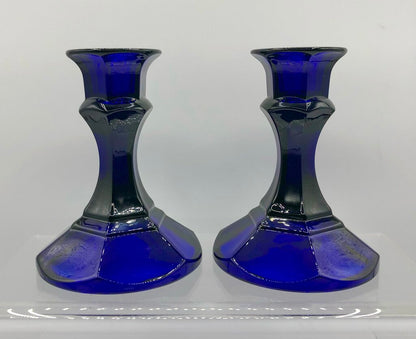 Vtg Pair Cobalt Blue Glass Candlesticks /b