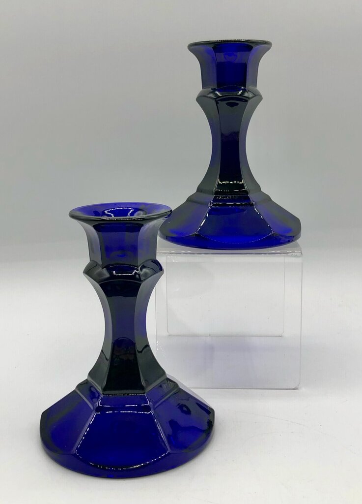 Vtg Pair Cobalt Blue Glass Candlesticks /b