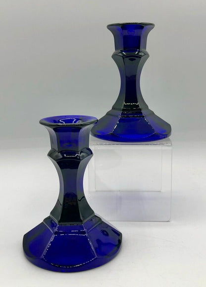 Vtg Pair Cobalt Blue Glass Candlesticks /b