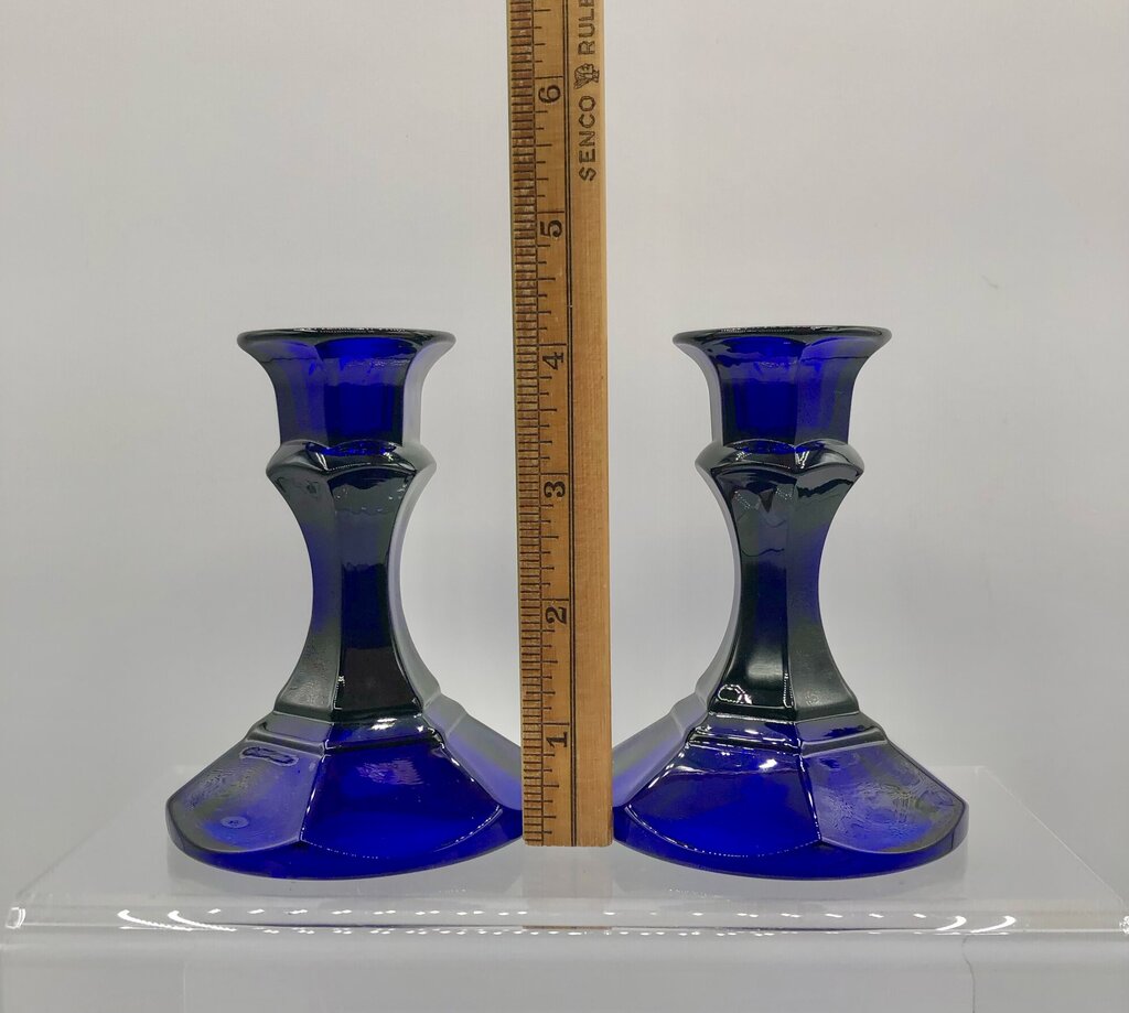 Vtg Pair Cobalt Blue Glass Candlesticks /b