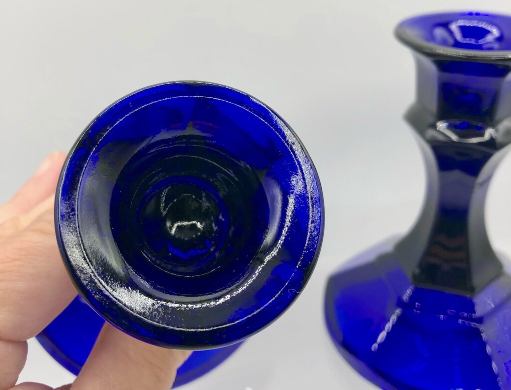 Vtg Pair Cobalt Blue Glass Candlesticks /b