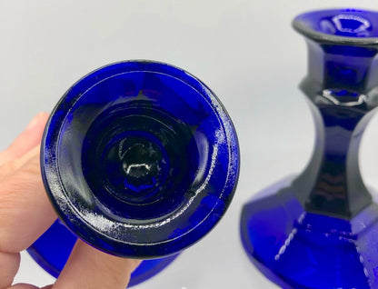 Vtg Pair Cobalt Blue Glass Candlesticks /b