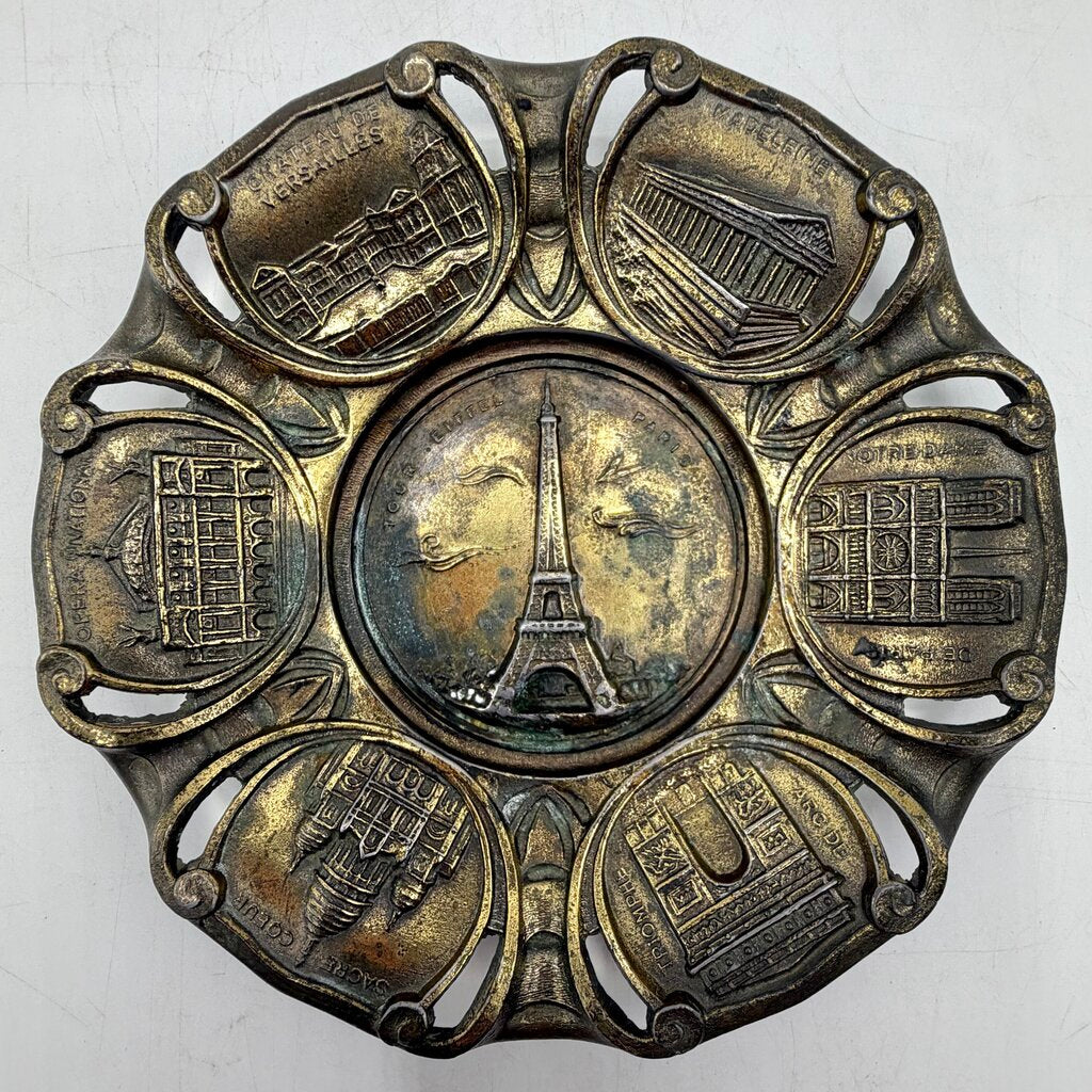 Vintage Mid Century Paris France Brass Heavy Souvenir Wall Plate/Ashtray Eiffel Tower Landmarks /cb