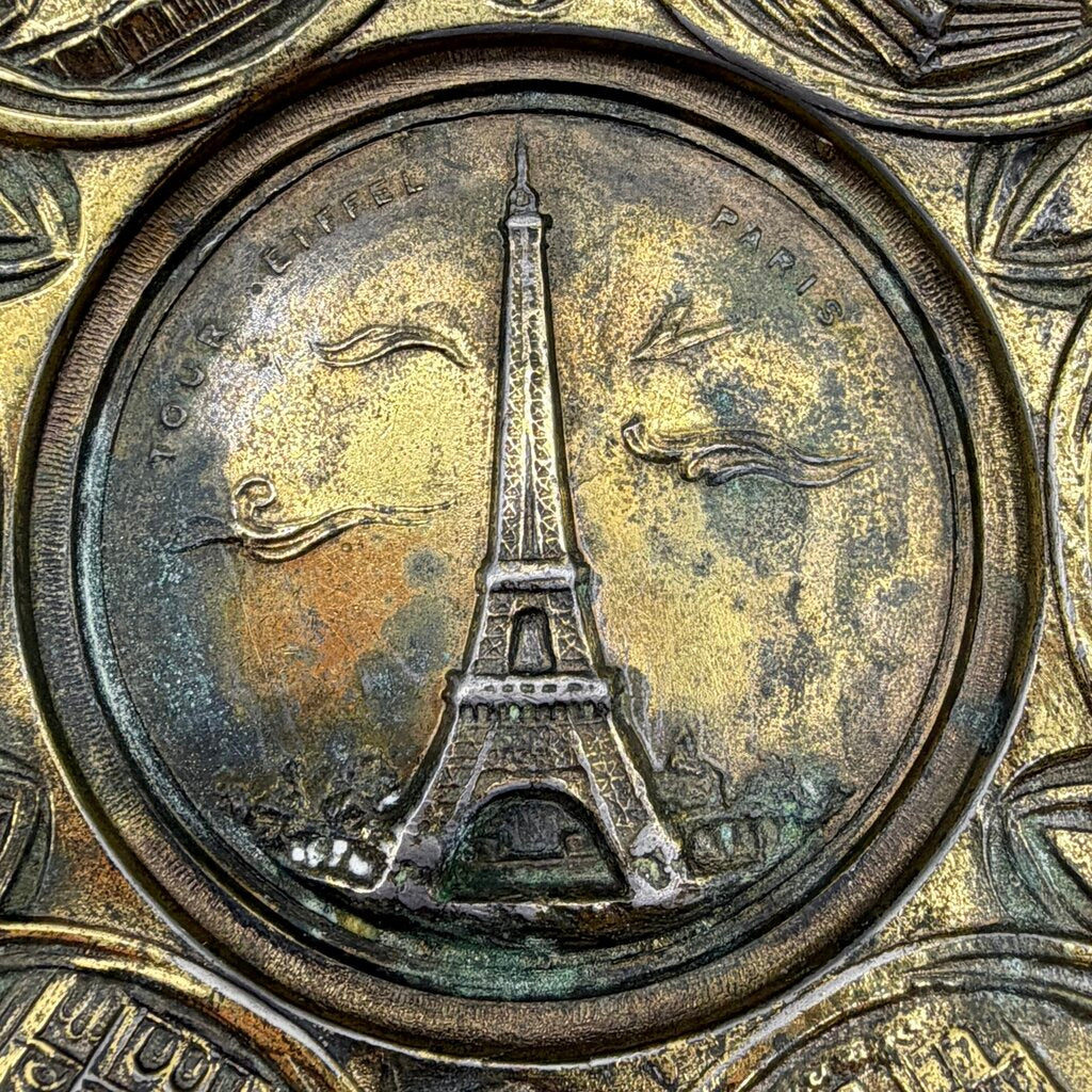 Vintage Mid Century Paris France Brass Heavy Souvenir Wall Plate/Ashtray Eiffel Tower Landmarks /cb