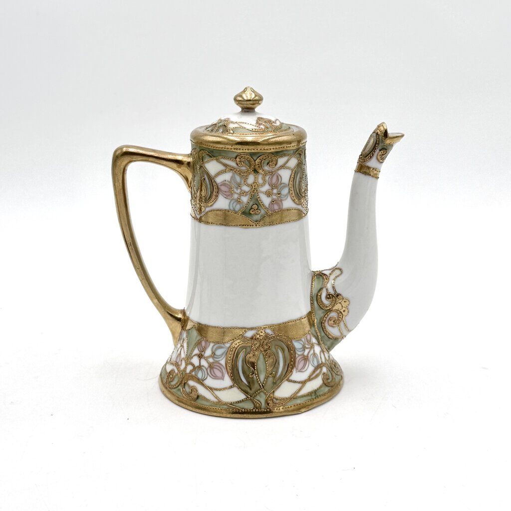 Antique Nippon 9 Pc Green and Gold Floral Chocolate Pot Tea Set