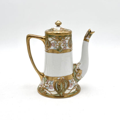Antique Nippon 9 Pc Green and Gold Floral Chocolate Pot Tea Set