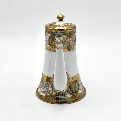 Antique Nippon 9 Pc Green and Gold Floral Chocolate Pot Tea Set