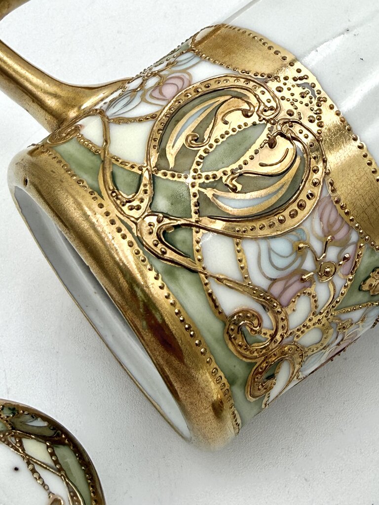 Antique Nippon 9 Pc Green and Gold Floral Chocolate Pot Tea Set