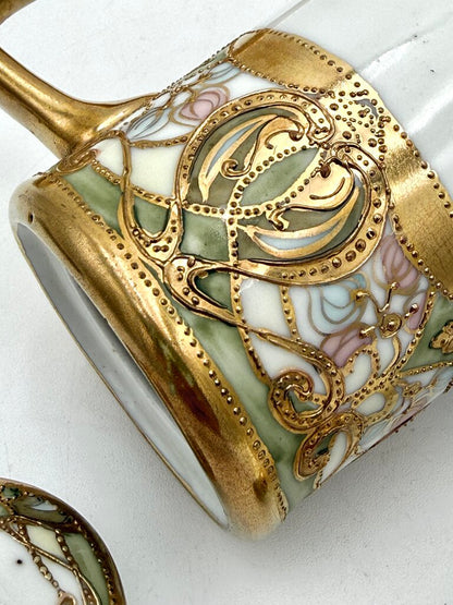 Antique Nippon 9 Pc Green and Gold Floral Chocolate Pot Tea Set