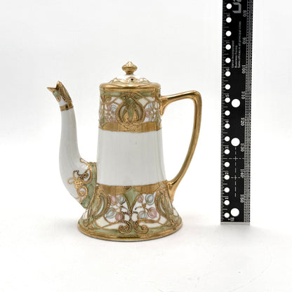 Antique Nippon 9 Pc Green and Gold Floral Chocolate Pot Tea Set