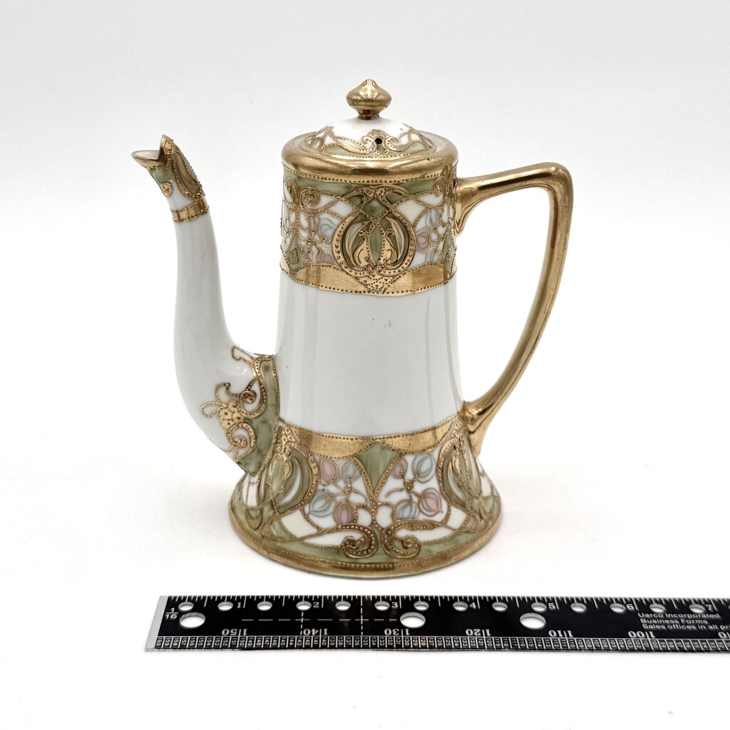 Antique Nippon 9 Pc Green and Gold Floral Chocolate Pot Tea Set