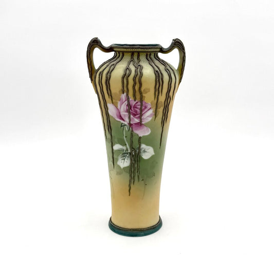 Antique Hand Painted Nippon Art Nouveau Style Willow Vine Moriage Vase