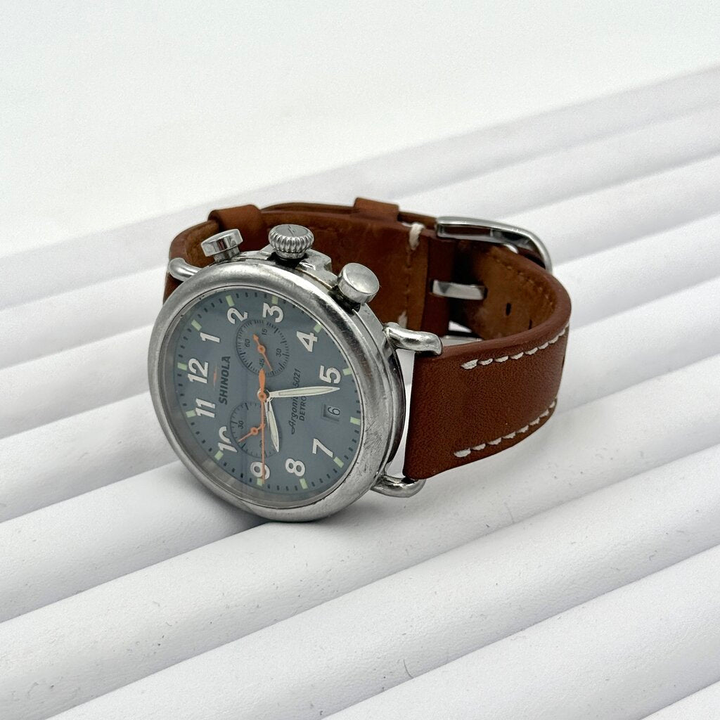 Men's Shinola Runwell Blue Slate Dial with Tan Leather Strap Wristwatch (Not Working)