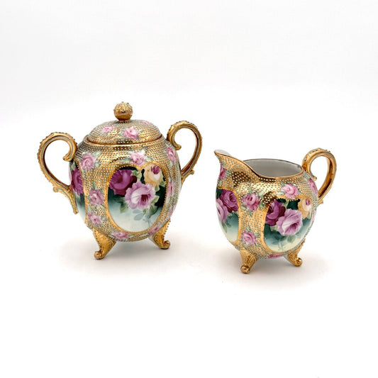 Antique Royal Kinran Nippon Painted Roses & Gold Enameled Creamer And Sugar Urn