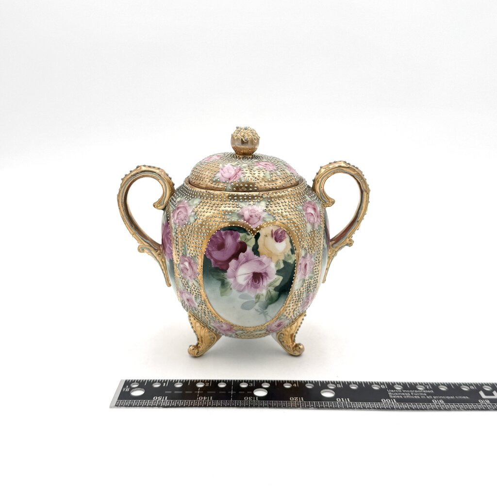 Antique Royal Kinran Nippon Painted Roses & Gold Enameled Creamer And Sugar Urn