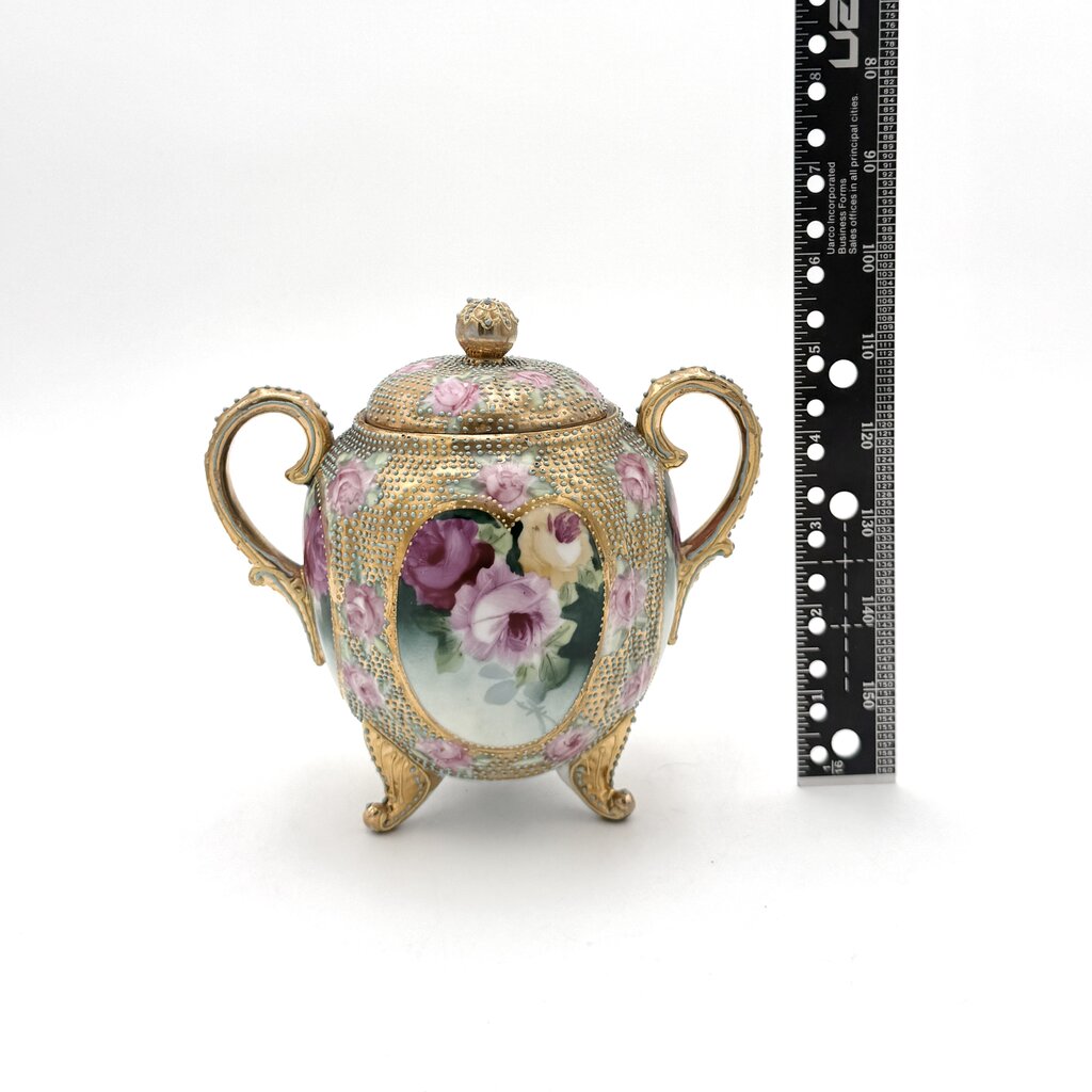 Antique Royal Kinran Nippon Painted Roses & Gold Enameled Creamer And Sugar Urn