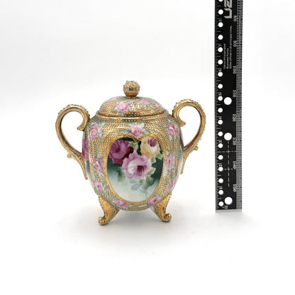 Antique Royal Kinran Nippon Painted Roses & Gold Enameled Creamer And Sugar Urn