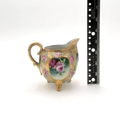 Antique Royal Kinran Nippon Painted Roses & Gold Enameled Creamer And Sugar Urn