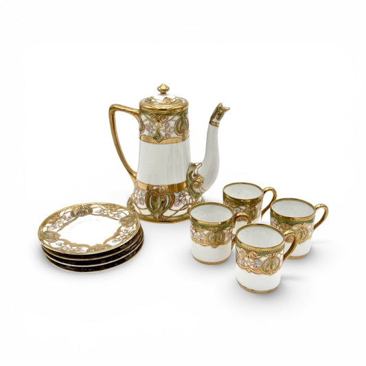 Antique Nippon 9 Pc Green and Gold Floral Chocolate Pot Tea Set