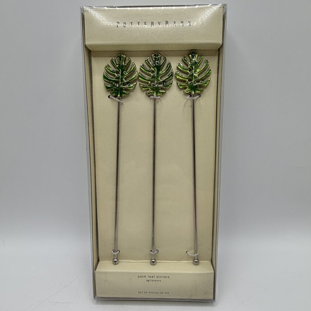 Set of 6 Pottery Barn Green Palm Leaf Stirrers Cocktails Summer Vacation Party Drinks NIB /cb