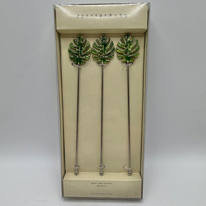 Set of 6 Pottery Barn Green Palm Leaf Stirrers Cocktails Summer Vacation Party Drinks NIB /cb