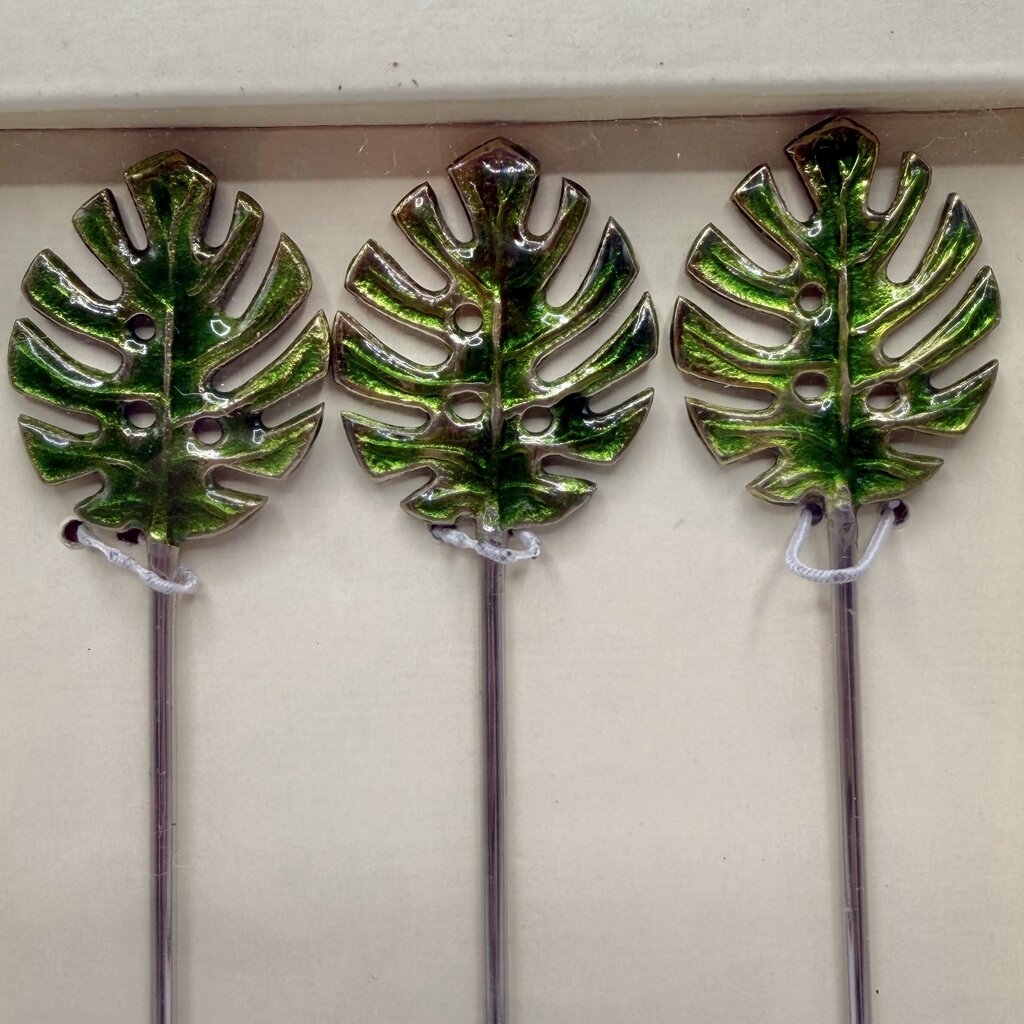 Set of 6 Pottery Barn Green Palm Leaf Stirrers Cocktails Summer Vacation Party Drinks NIB /cb