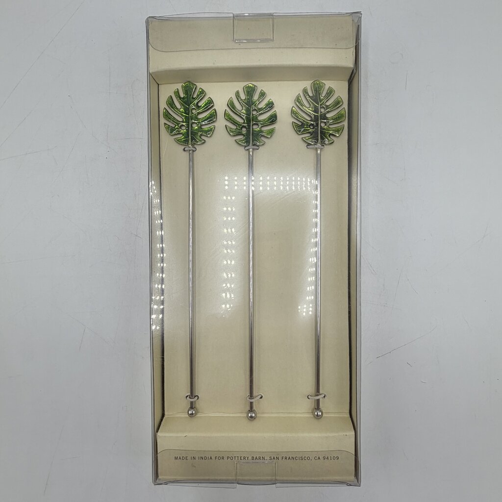 Set of 6 Pottery Barn Green Palm Leaf Stirrers Cocktails Summer Vacation Party Drinks NIB /cb