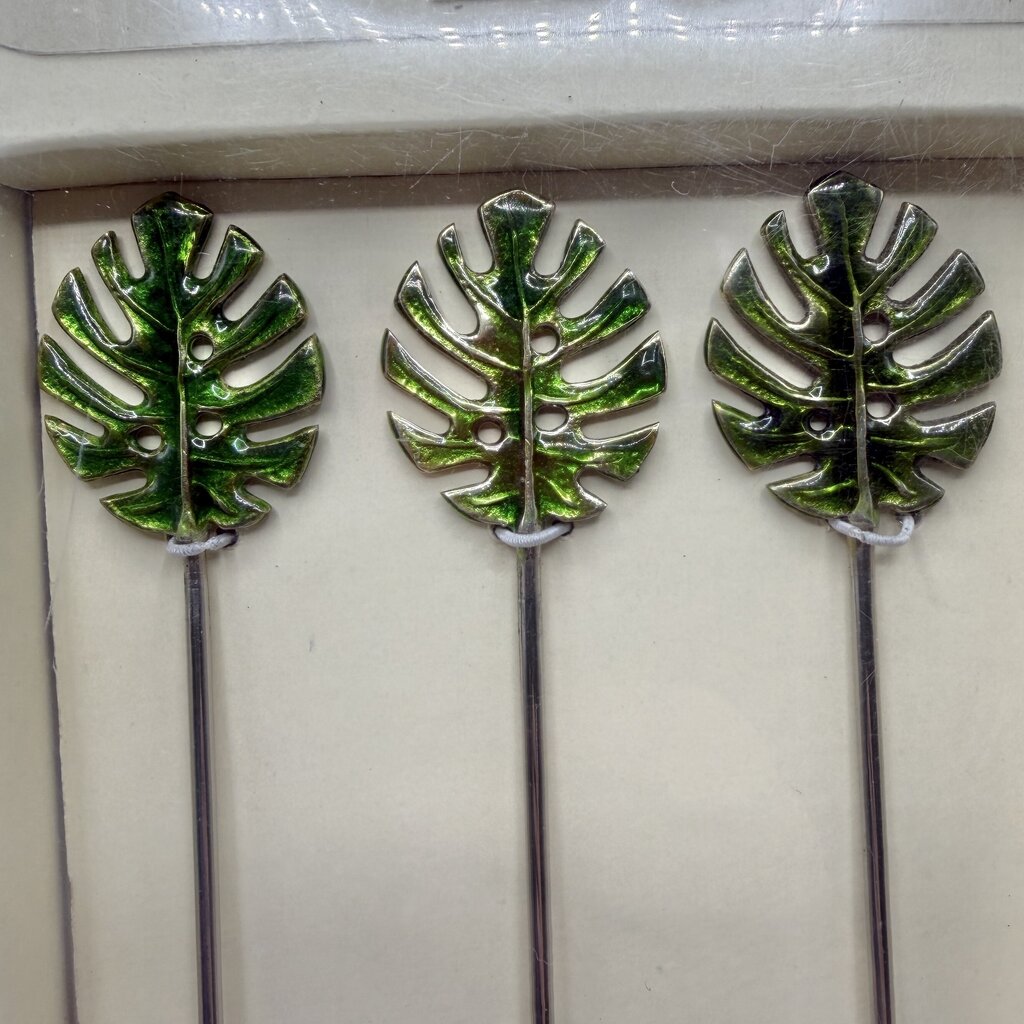 Set of 6 Pottery Barn Green Palm Leaf Stirrers Cocktails Summer Vacation Party Drinks NIB /cb