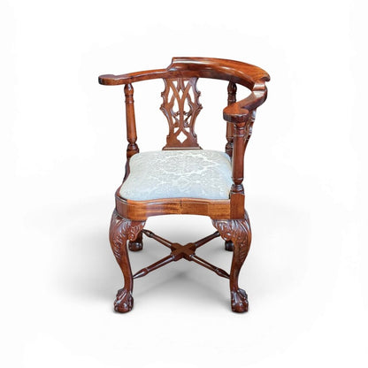 Mahogany Chippendale Style Handcarved Corner Chair With Ball and Claw Feet