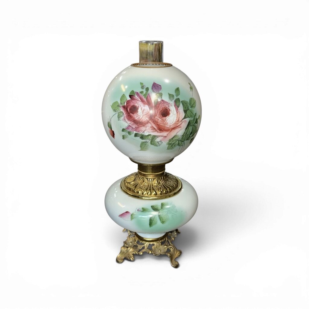 VTG Pink Floral Milk Glass Parlor Lamp (AS IS)