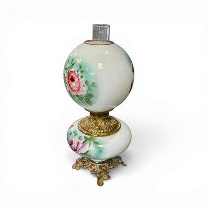 VTG Pink Floral Milk Glass Parlor Lamp (AS IS)