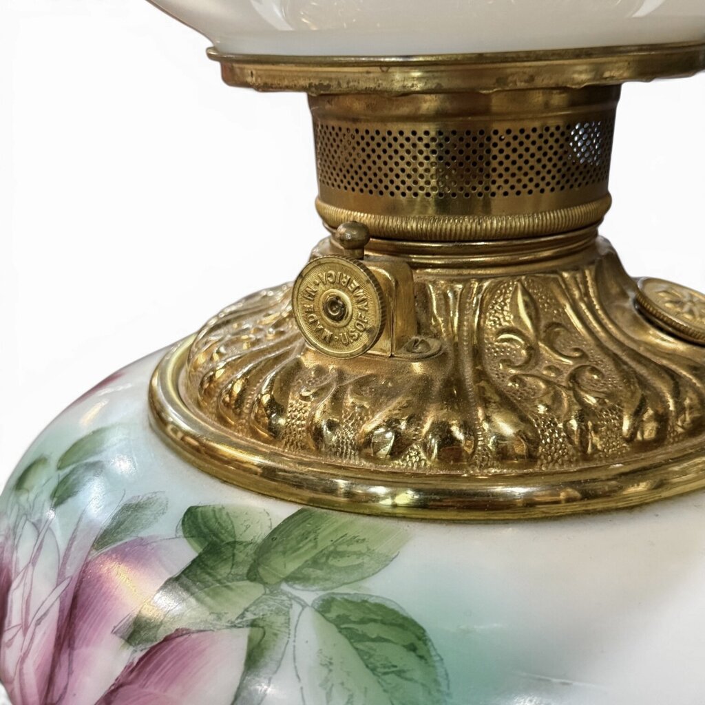 VTG Pink Floral Milk Glass Parlor Lamp (AS IS)