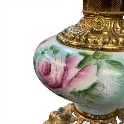 VTG Pink Floral Milk Glass Parlor Lamp (AS IS)