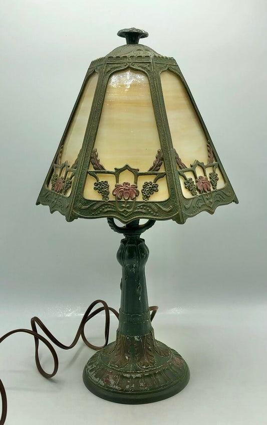 1920s Slag Glass Panel & Spelter Metal Lamp /b