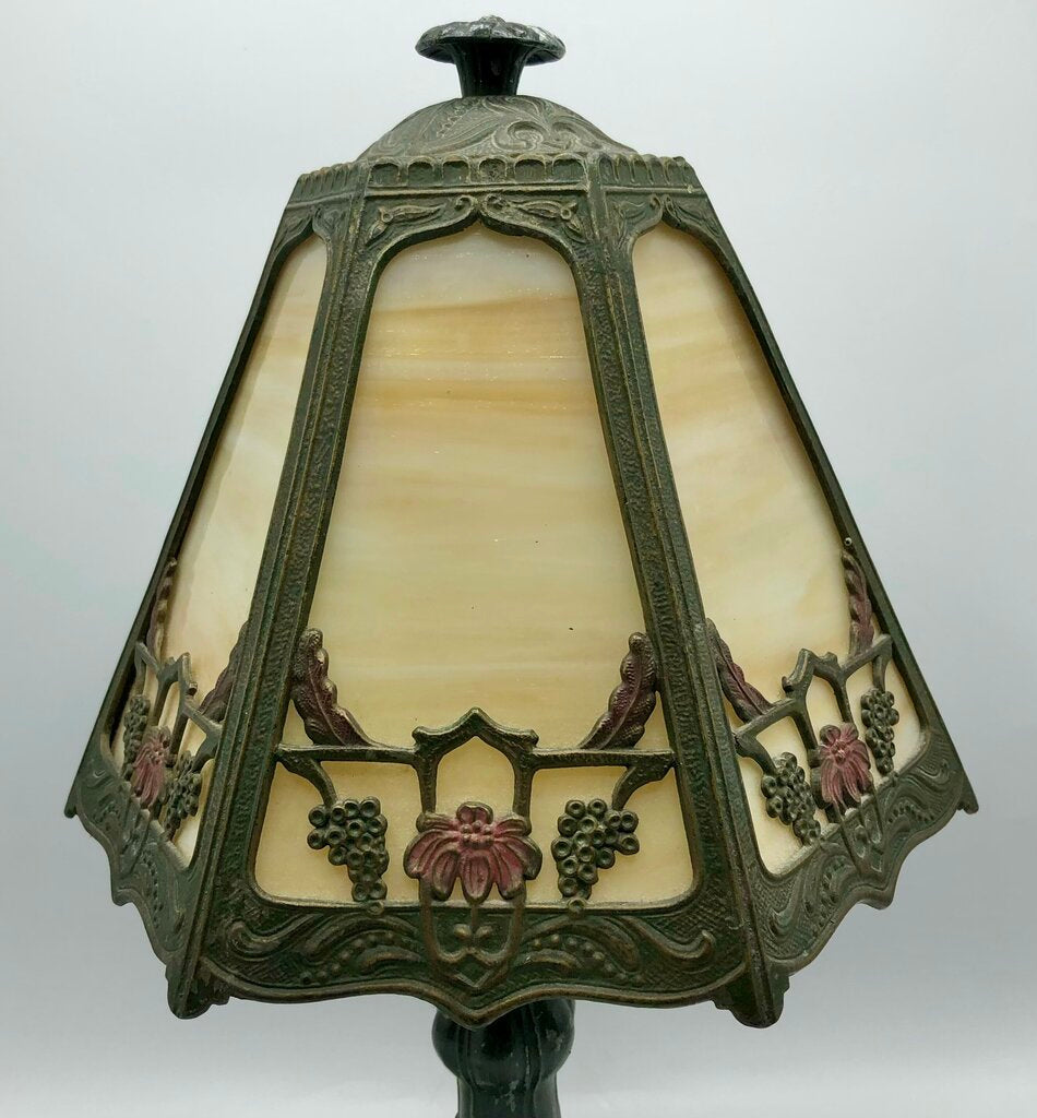 1920s Slag Glass Panel & Spelter Metal Lamp /b