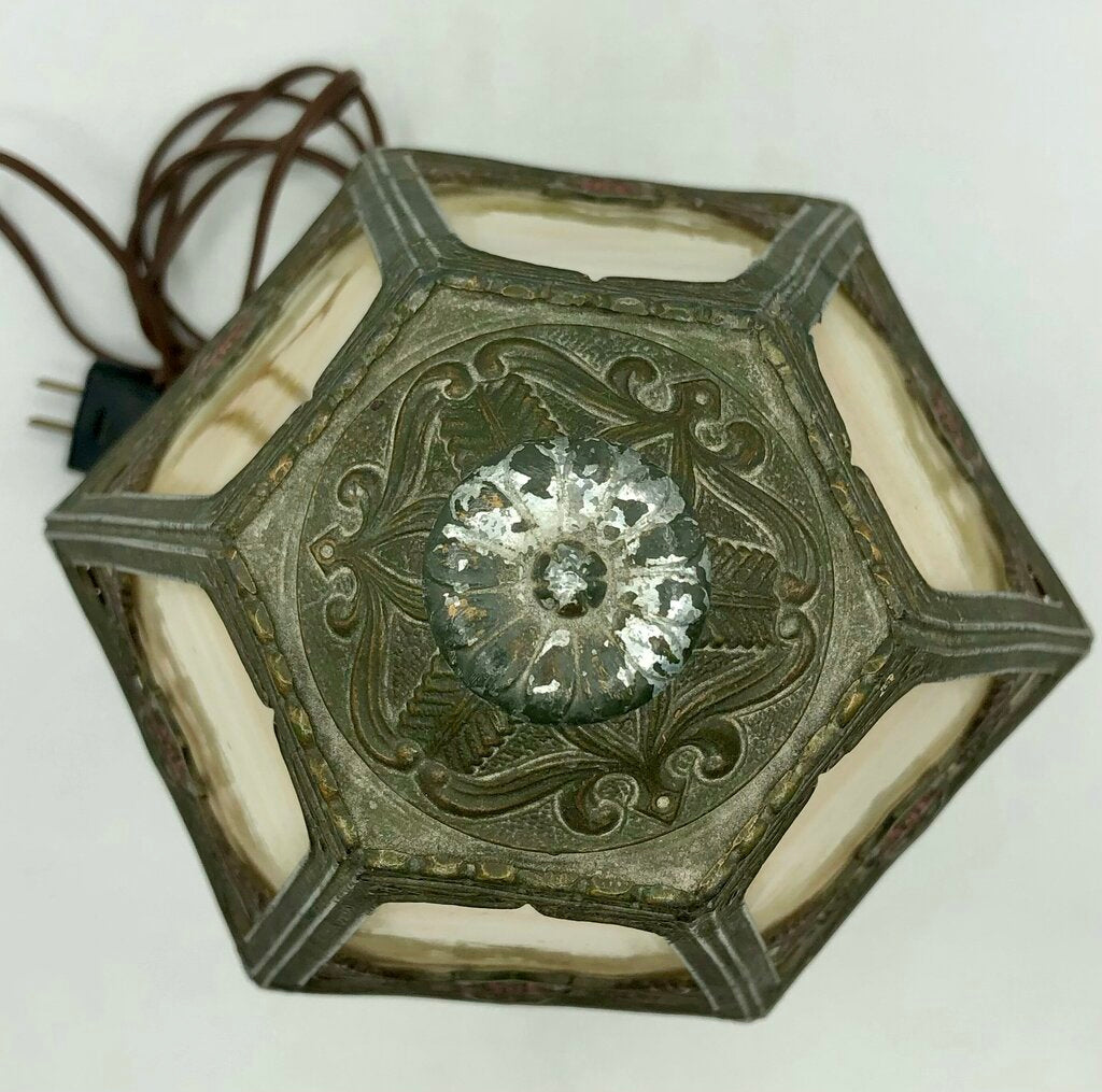 1920s Slag Glass Panel & Spelter Metal Lamp /b