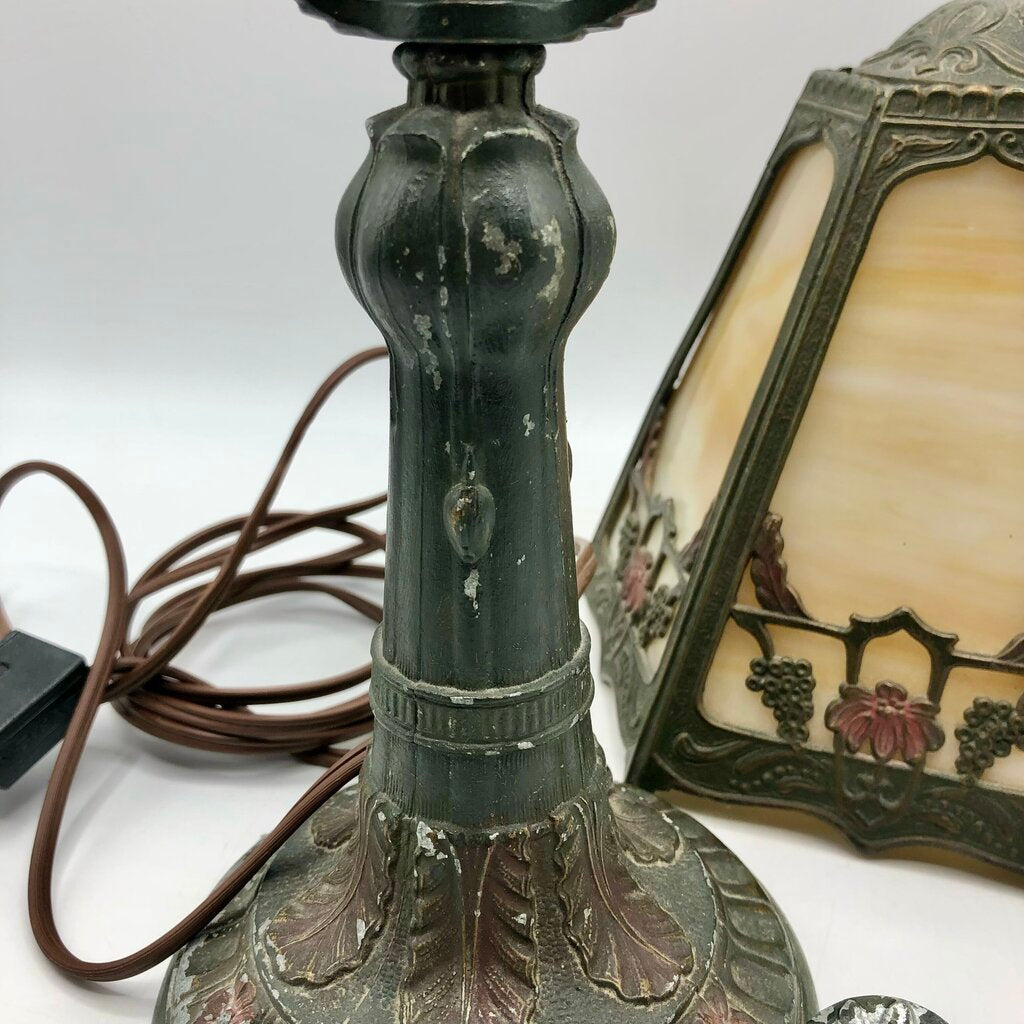 1920s Slag Glass Panel & Spelter Metal Lamp /b