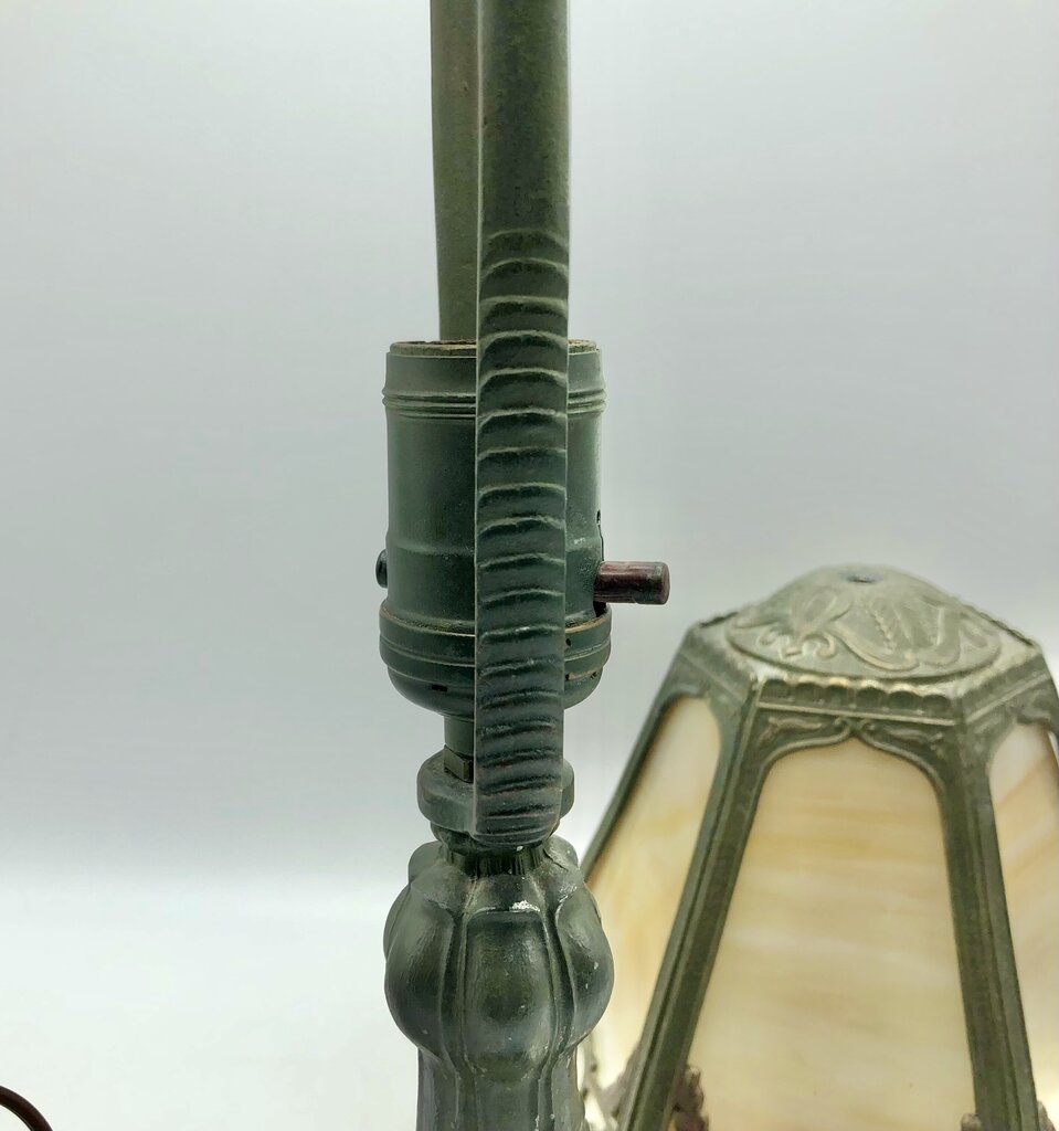 1920s Slag Glass Panel & Spelter Metal Lamp /b