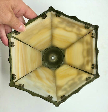 1920s Slag Glass Panel & Spelter Metal Lamp /b